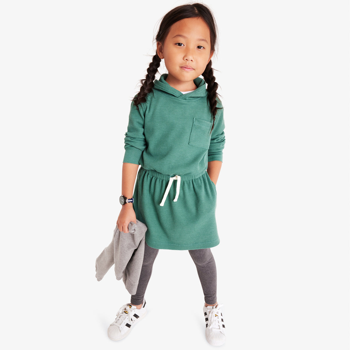 Clearance Kids Heathered Waffle Hoodie Drawstring Dress Size 4
