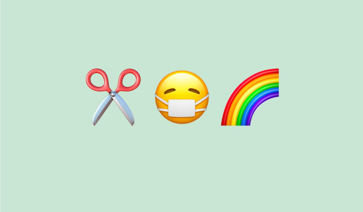 scissor emoji mask emoji rainbow emoji on mint background