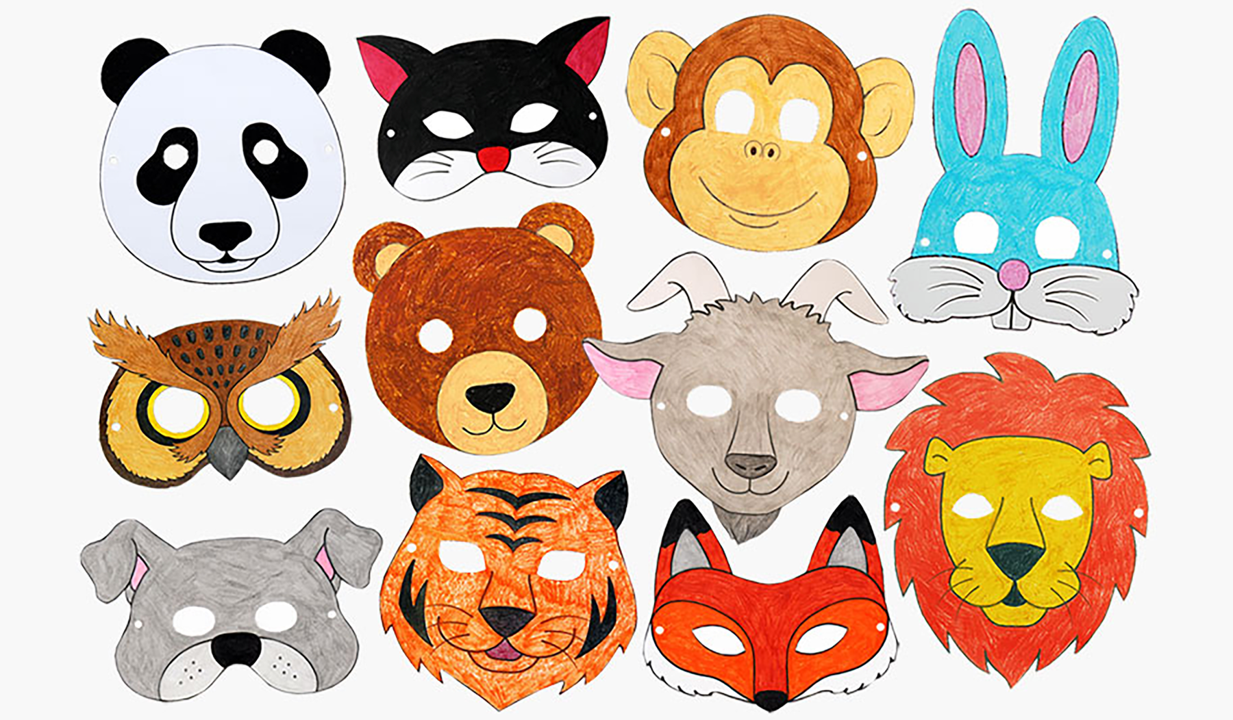 Thirteen colorful eye-masks with thirteen different animal shapes.