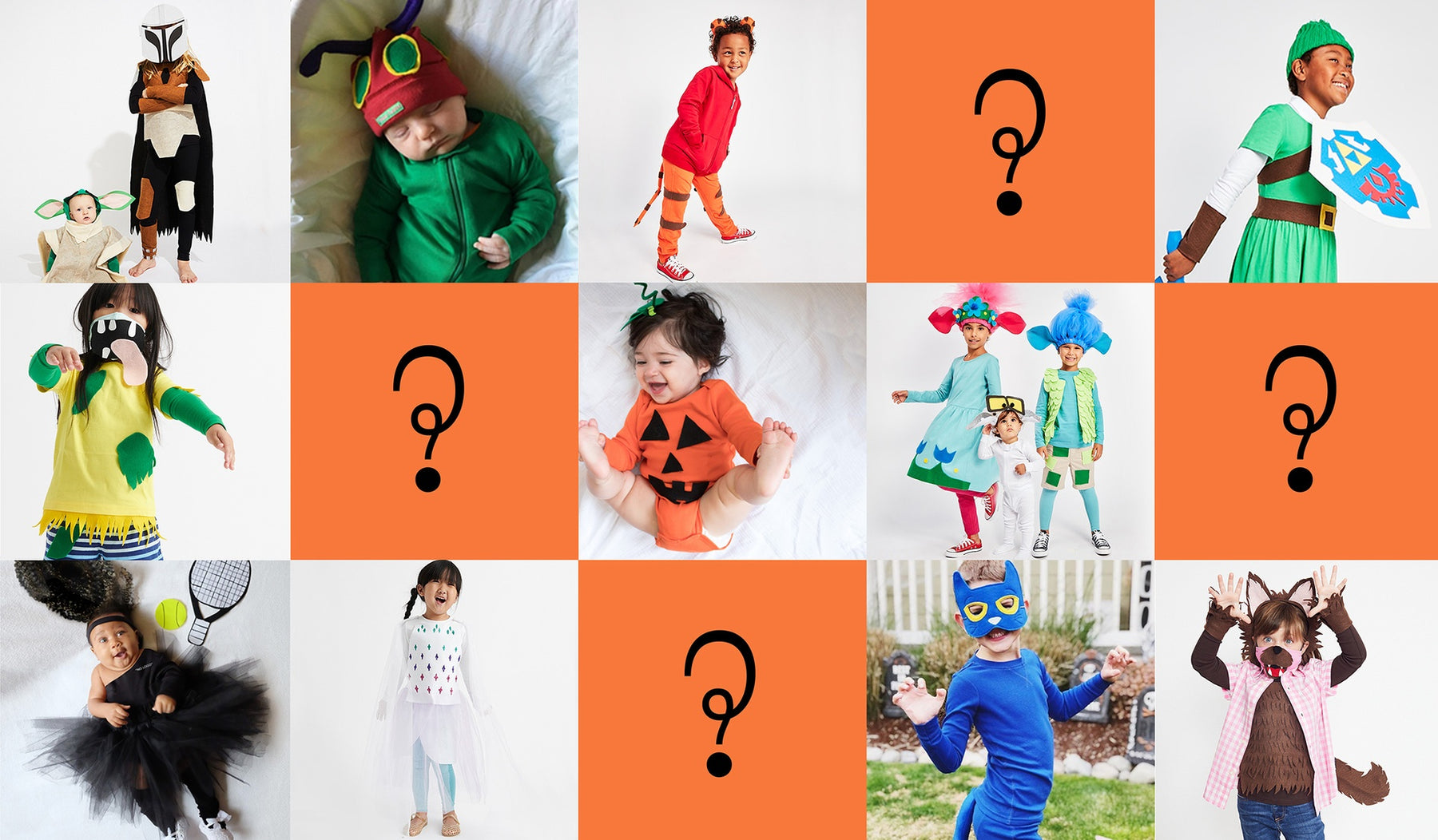 grid of diy primary halloween costumes with question marks