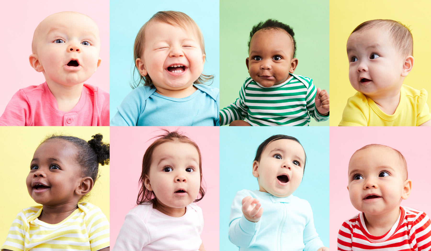 collage of close up portraits of baby boys and girls in colorful clothing on colorful backgrounds
