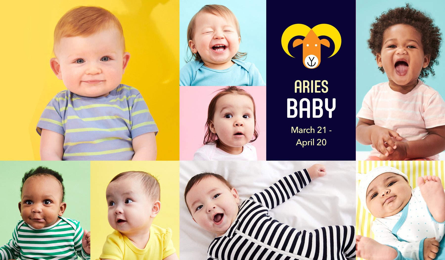 collage of close up portraits of babies in colorful clothing on colorful backgrounds