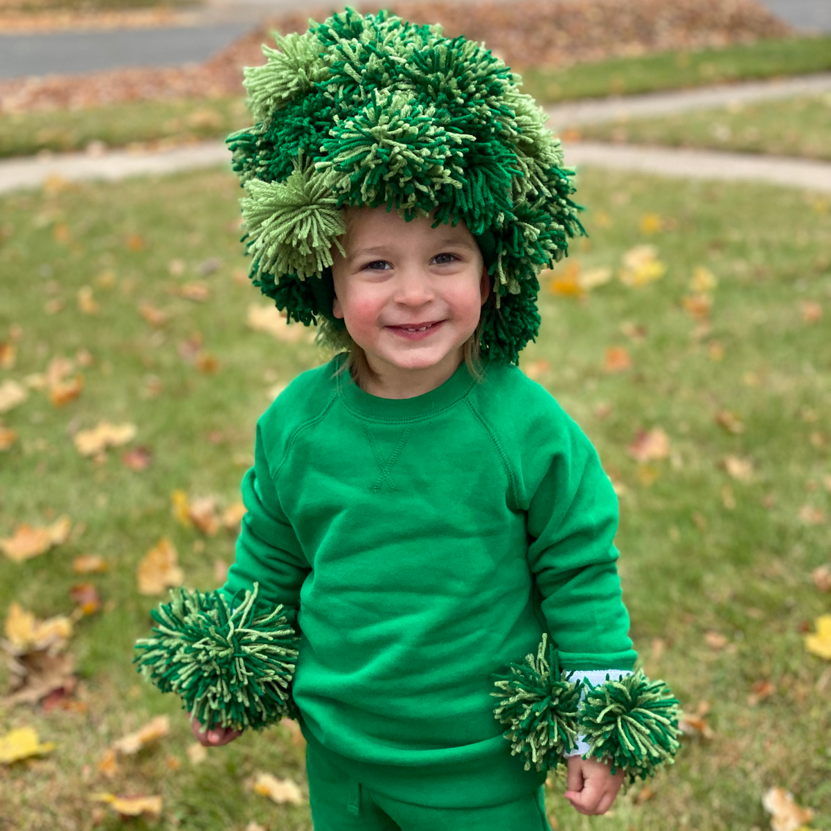 Broccoli: A child wearing a green outfit with pompoms around the wrist and head to resemble broccoli.