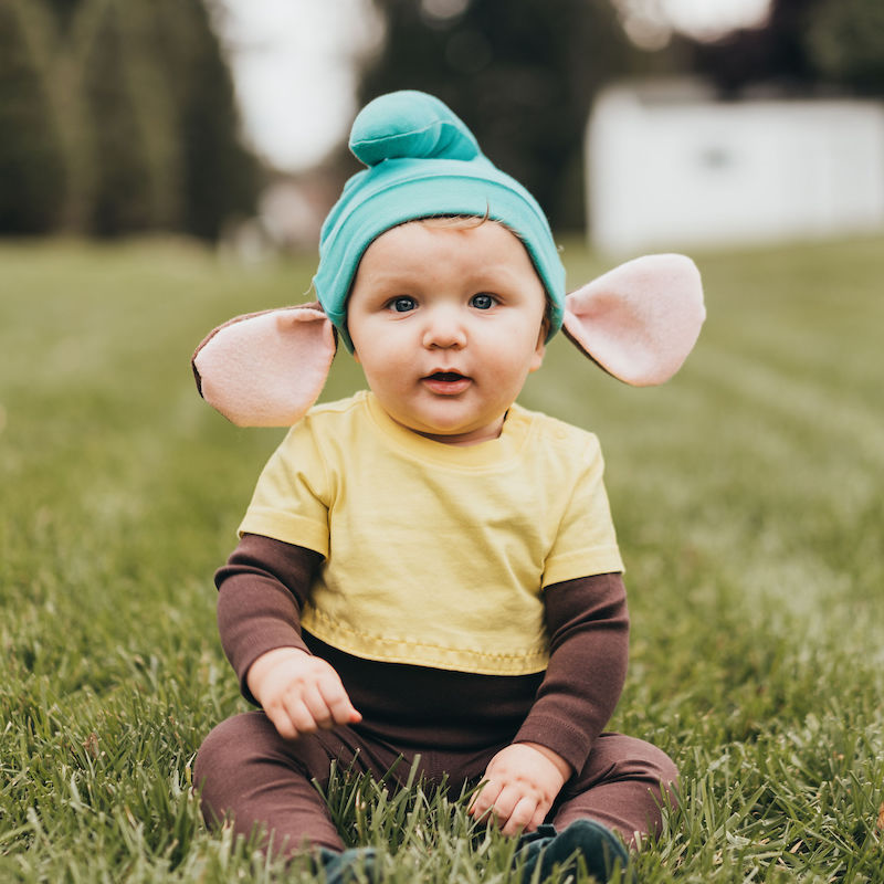 Gus Gus (from Cinderella): One baby wearing a yellow top overtop a brown top; brown pants, and a blue hat with mouse ears attached. 