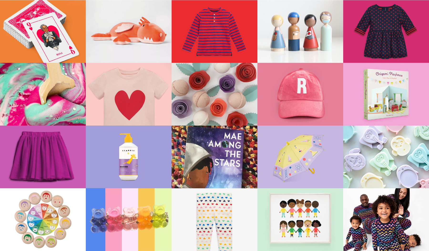 grid of red, pink, purple and rainbow gift ideas for kids on Valentine's Day