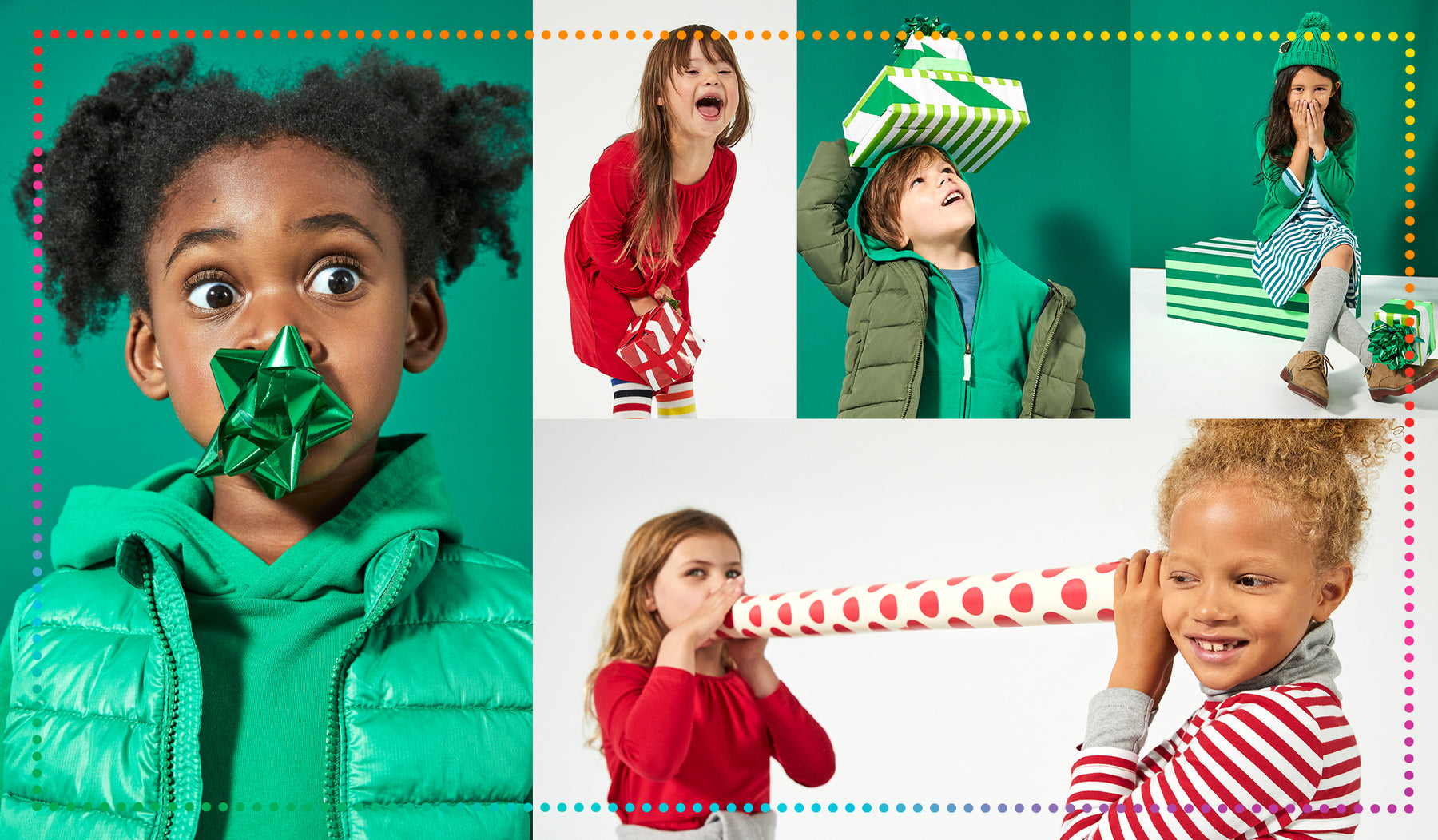 kids dressed in green and red Primary clothes for the holidays 