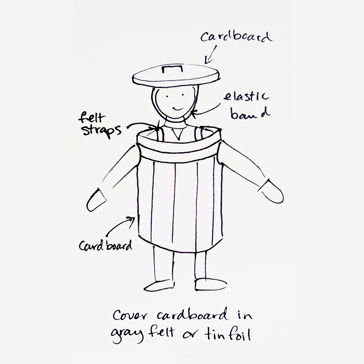 Trash Can: A drawing of a kid wearing a gray outfit with a trash can inspired coverall and headband 