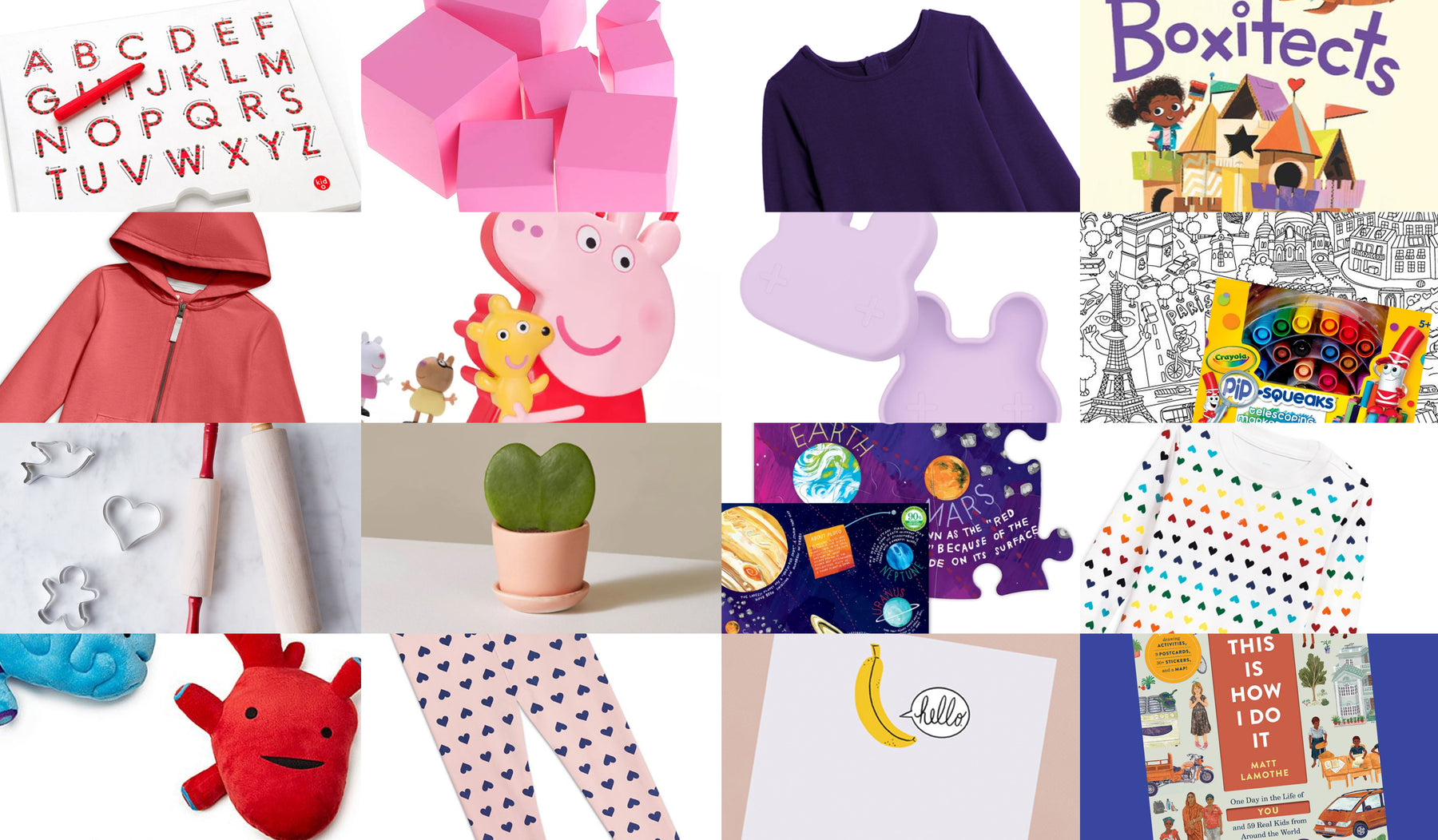 Primary gift guide grid of pink, red, and purple items 