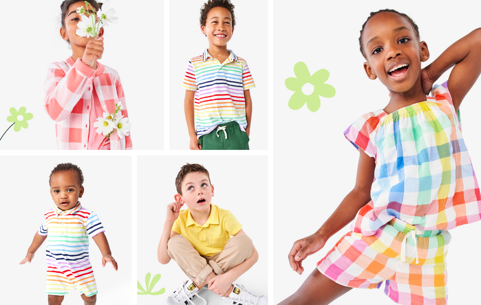 A collage of 5 images of kids and babies wearing colorful spring clothes, including polos, button down shirts, and one-pieces.