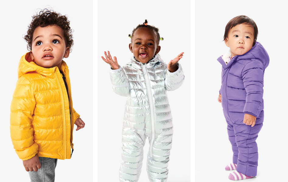 3 babies wearing our different puffer styles. Lightweight puffer in yellow, puffer suit in silver, and parka puffer suit in purple. 
