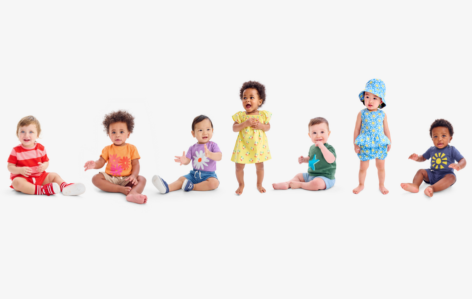 A collage of young babies wearing colorful outfits, including footies, babysuits, and rompers in solid colors and patterns.