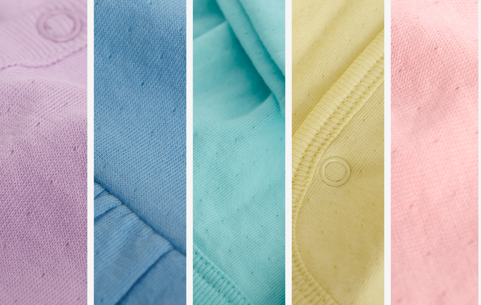 A collage of 5 close-up photos of pointelle knit cotton fabric for baby, in a rainbow of light pastel colors. 