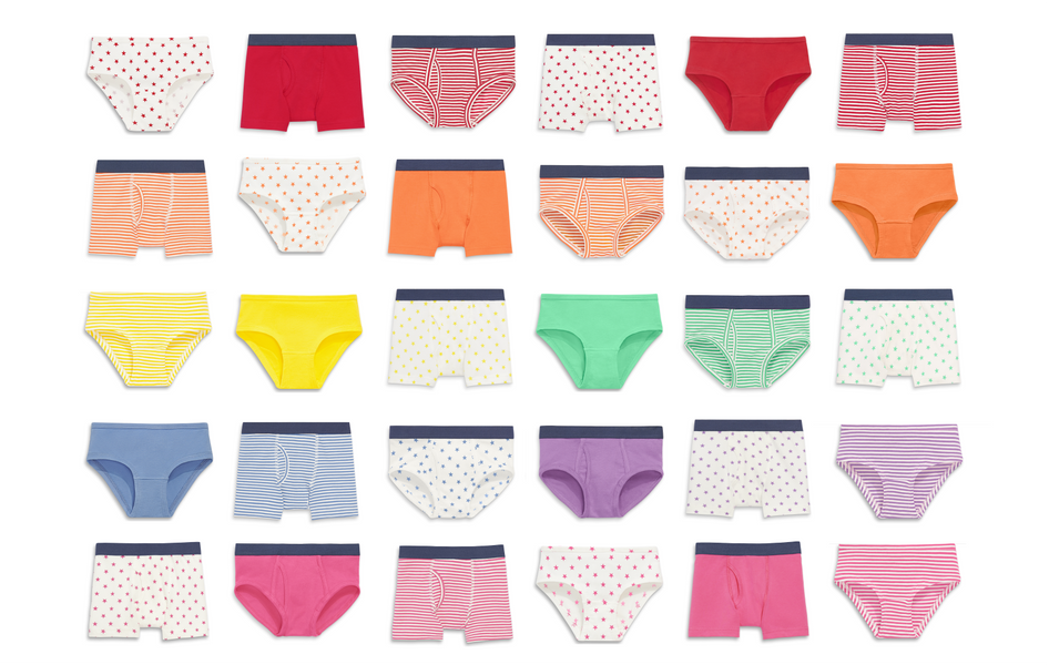 A grid of colorful gender neutral kids underwear, including kids boxer briefs and kids briefs.