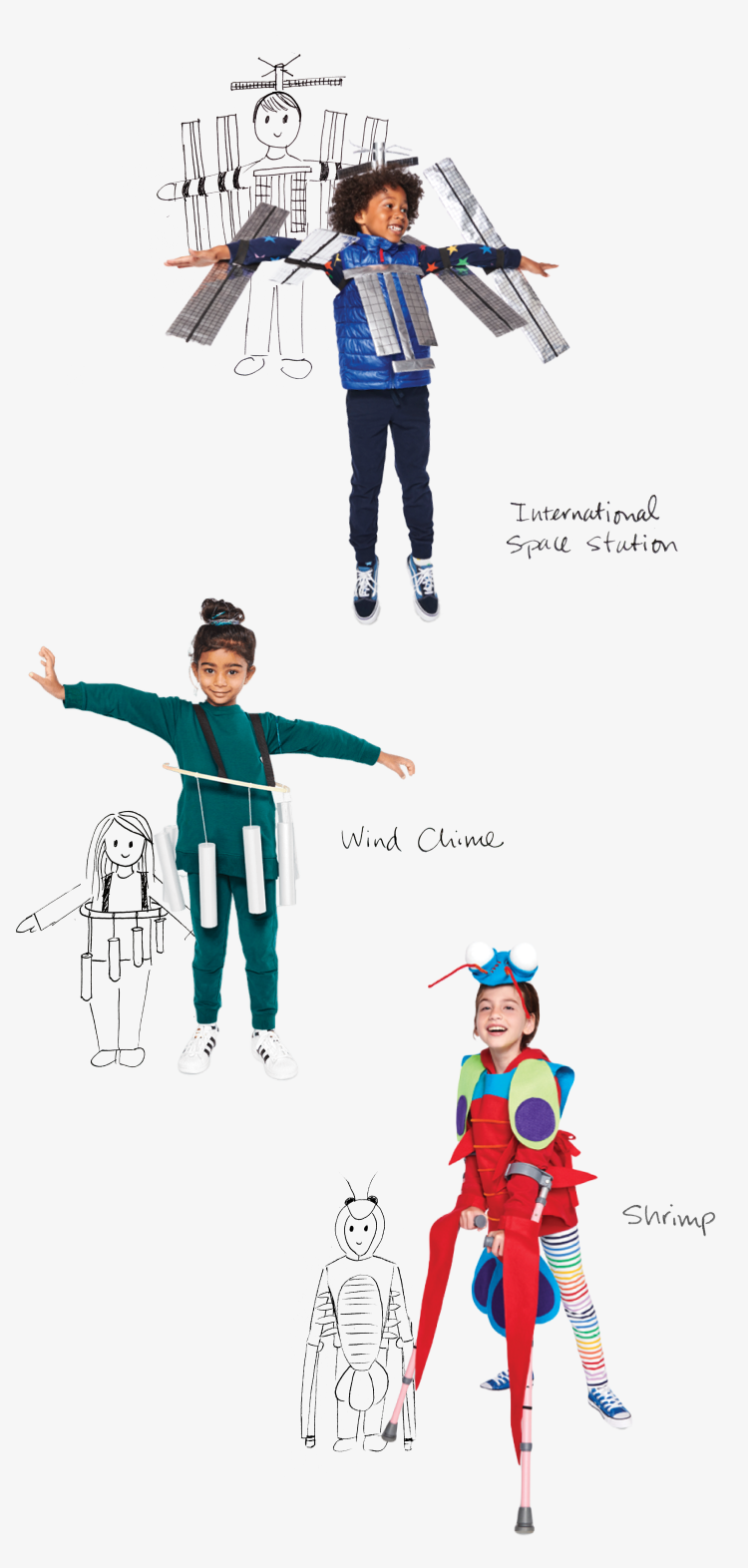 A boy wearing International Space Station costume and a sketch of his costume, A girl wearing Shrimp costume and a sketch of her costume, A girl wearing Wind Chime costume and a sketch of her costume.