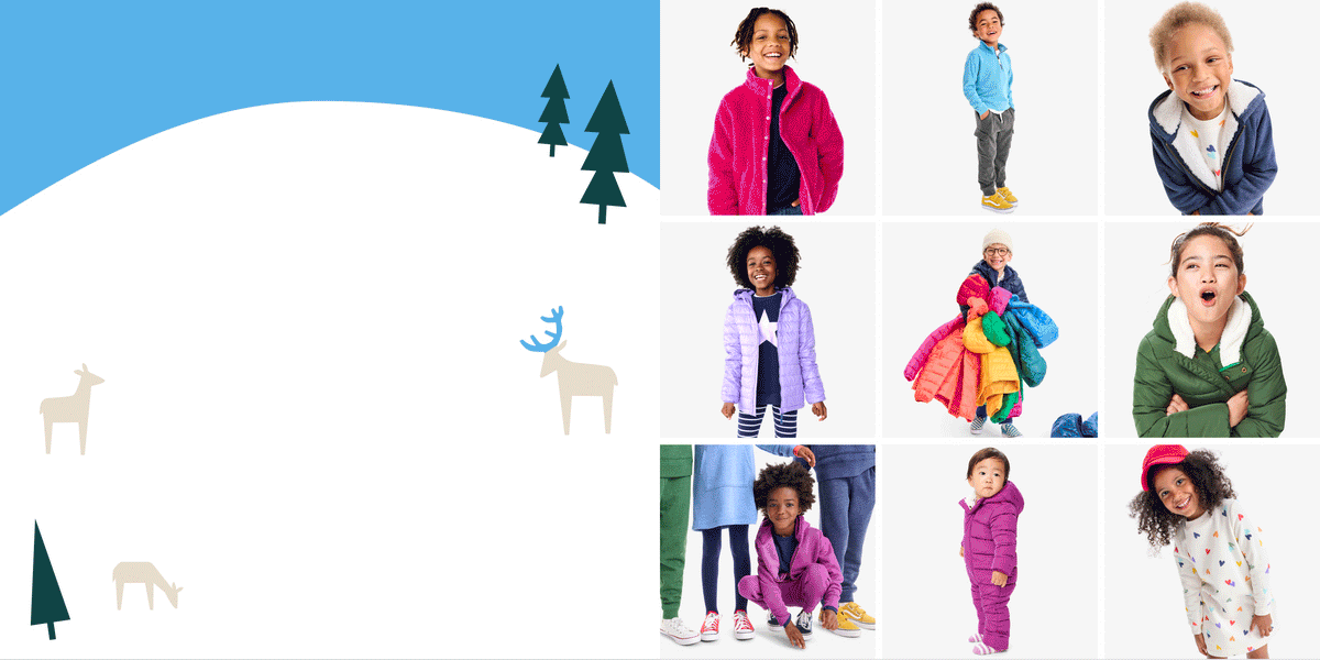 A wintery graphic showing snow, trees, and animals paired with a grid of images part of our end of season sale