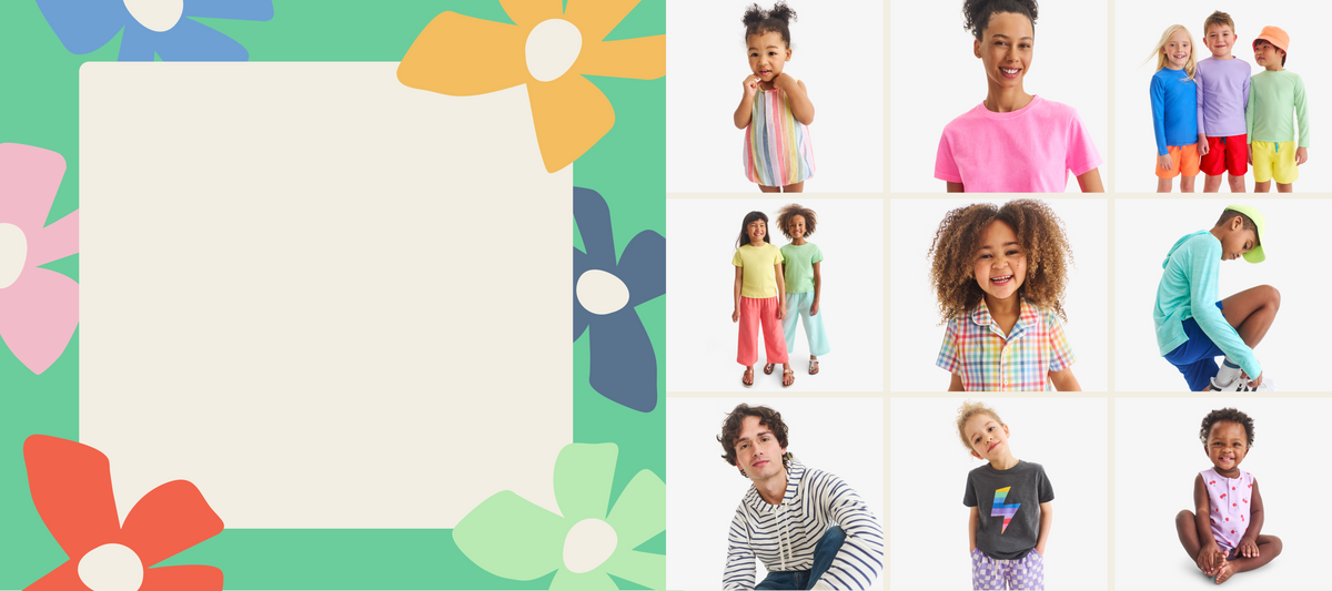 Children in colorful clothing with a decorative floral border on a white background