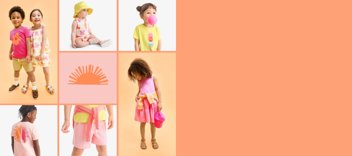 Collage of children wearing colorful outfits on a peach background with a sun graphic.