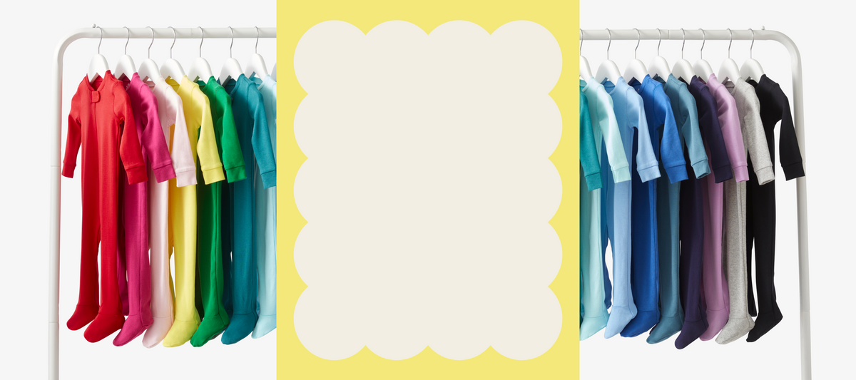 A graphic showing our zip footies in a rainbow order hanging on a rack with text that reads warehouse sale