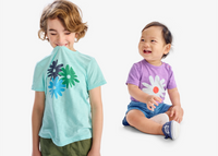 A baby and kid together wearing our new graphic tee and babysuit for the spring season.