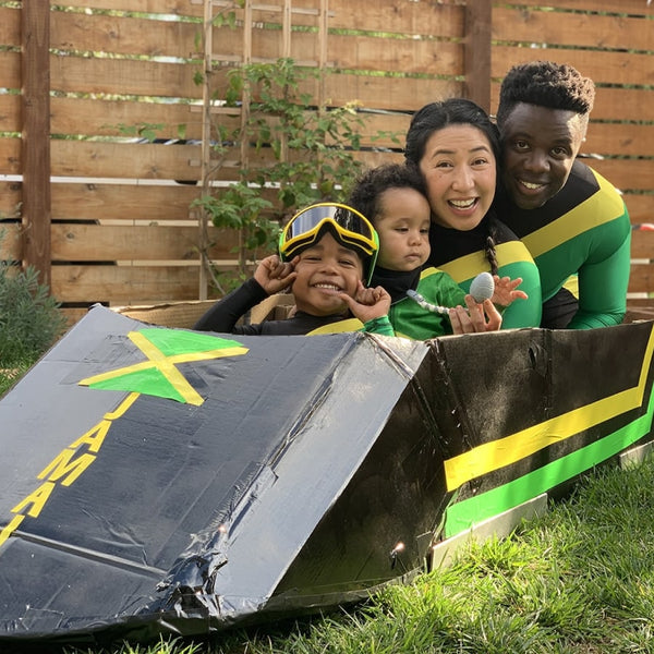 A family dressed up as 1988 Jamaican Bobsled team.